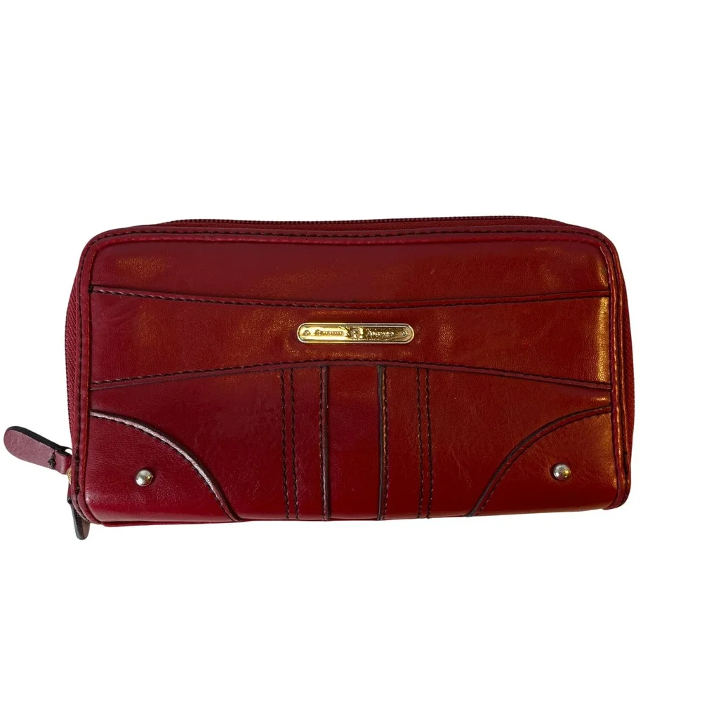 Etienne Aigner Red Leather Zip Around Organizer Wallet Clutch Gold Hardware